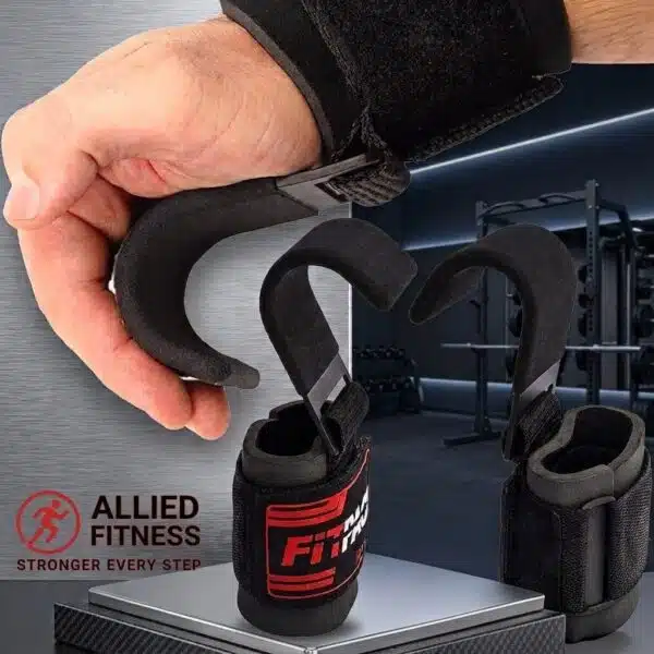 Premium heavy-duty lifting hooks uae edition by Allied Fitness featuring a non-slip rubber-coated steel hook and thick padded wrist wraps for deadlifts in a gym setting.