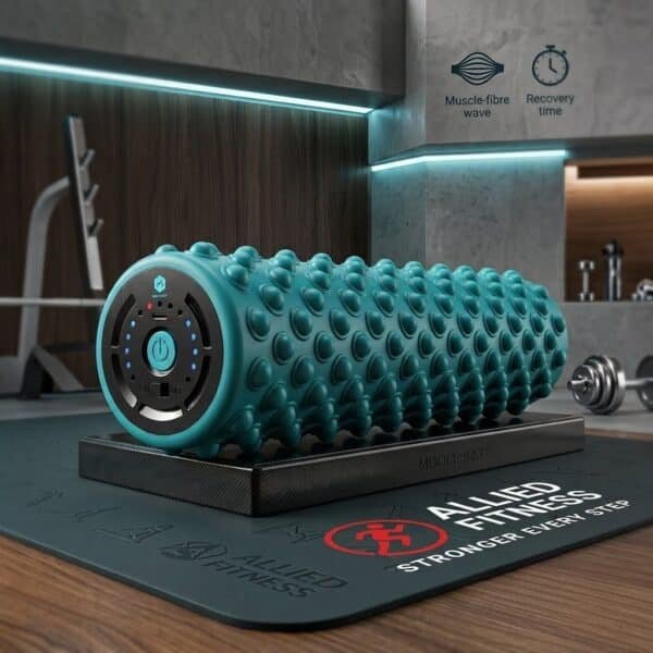 Premium electric vibrating foam roller uae edition by Allied Fitness resting on a gym mat, showing the built-in electronic power control wheel and deep-tissue matrix nodes.