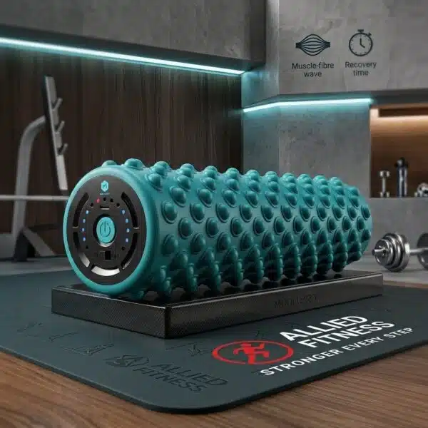 Premium electric vibrating foam roller uae edition by Allied Fitness resting on a gym mat, showing the built-in electronic power control wheel and deep-tissue matrix nodes.