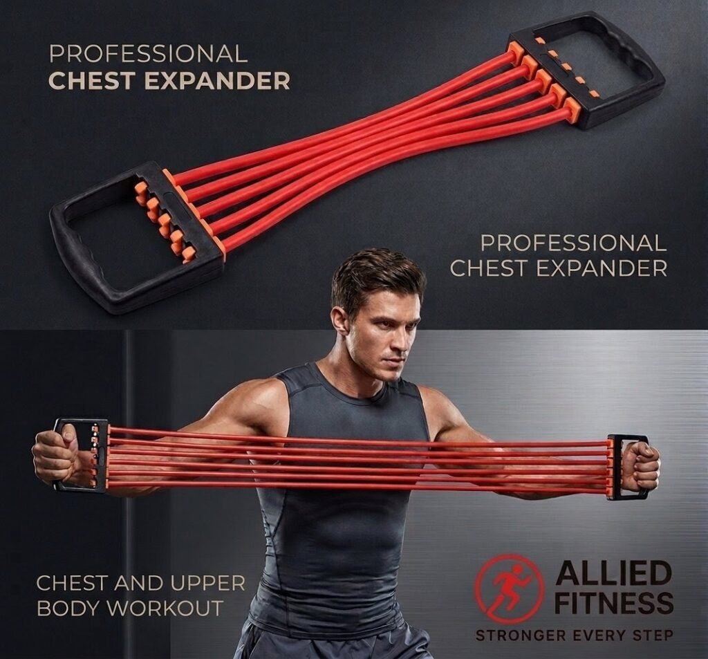 Premium 5-tube adjustable chest expander uae model by Allied Fitness showing an athletic male user executing an upper body chest and back workout sequence.