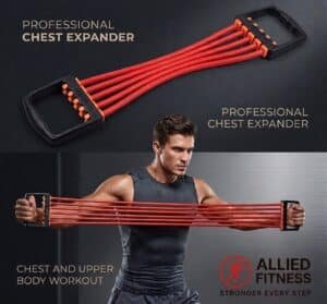 Premium 5-tube adjustable chest expander uae model by Allied Fitness showing an athletic male user executing an upper body chest and back workout sequence.