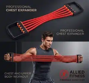 Premium 5-tube adjustable chest expander uae model by Allied Fitness showing an athletic male user executing an upper body chest and back workout sequence.