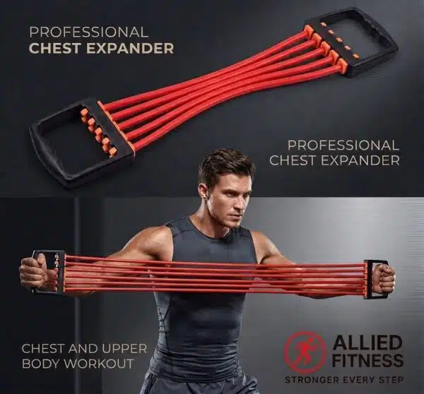 Premium 5-tube adjustable chest expander uae model by Allied Fitness showing an athletic male user executing an upper body chest and back workout sequence.